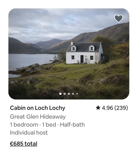 A booking listing for a Highland cottage, generated from the site