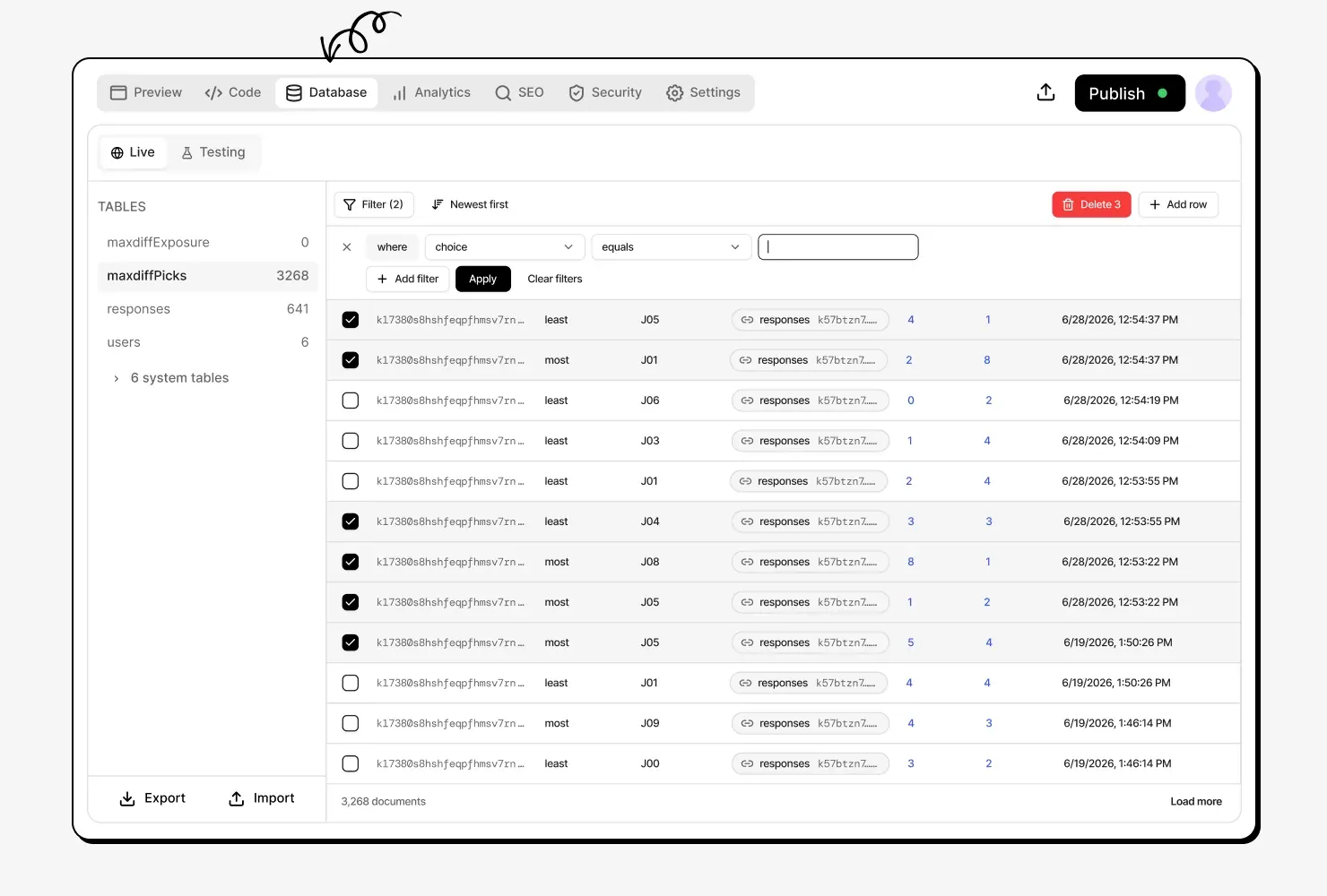 The Database tab showing a table of rows with filters applied