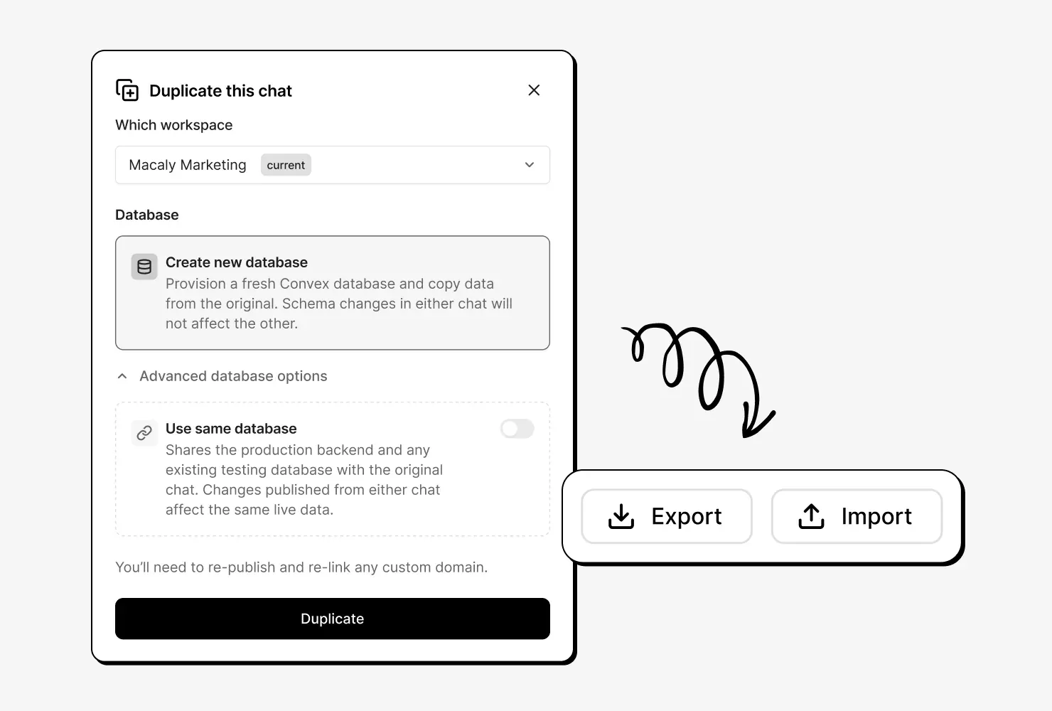 The duplicate-chat dialog offering a fresh database or a copy of your data