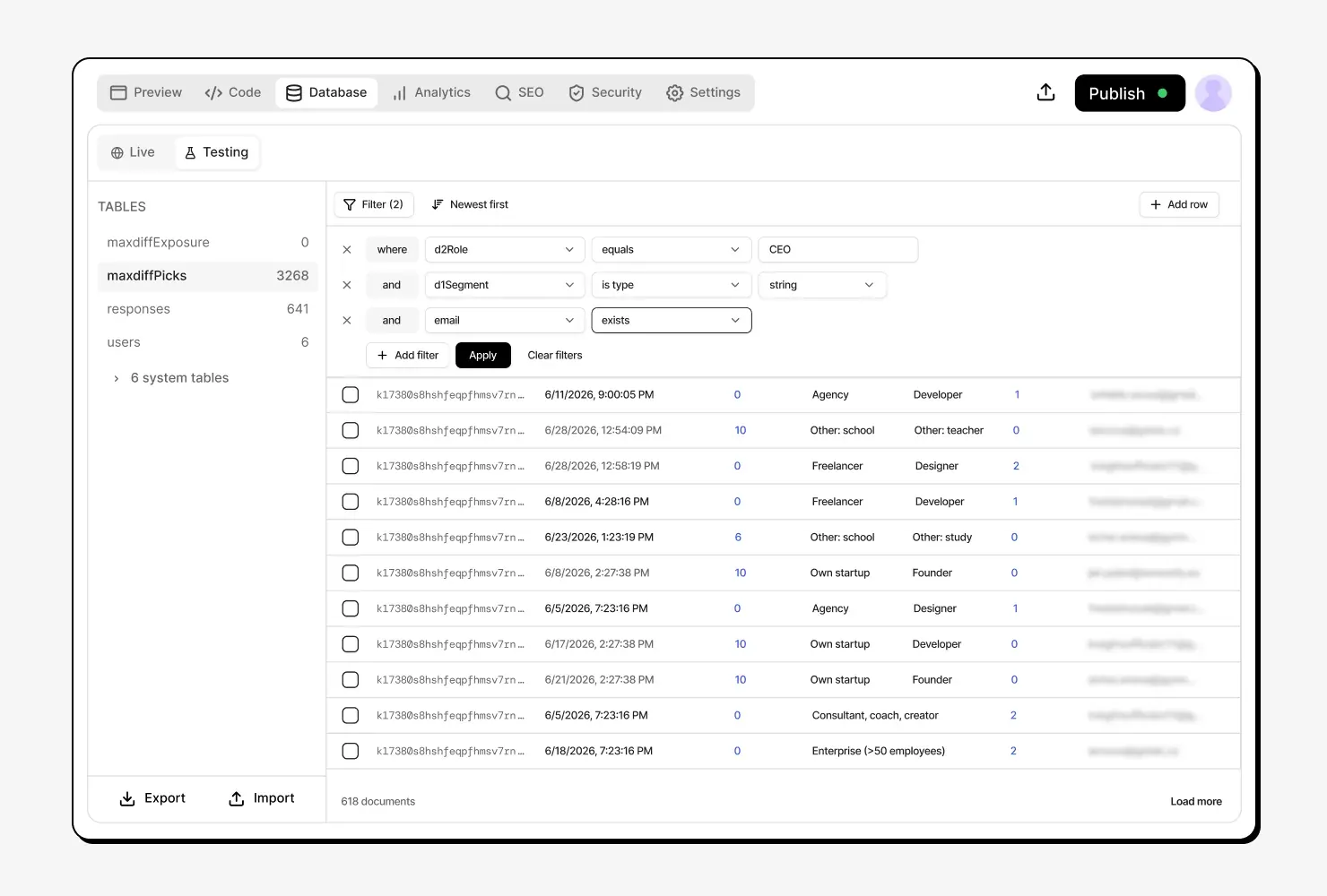 A filtered database table with thousands of rows loaded