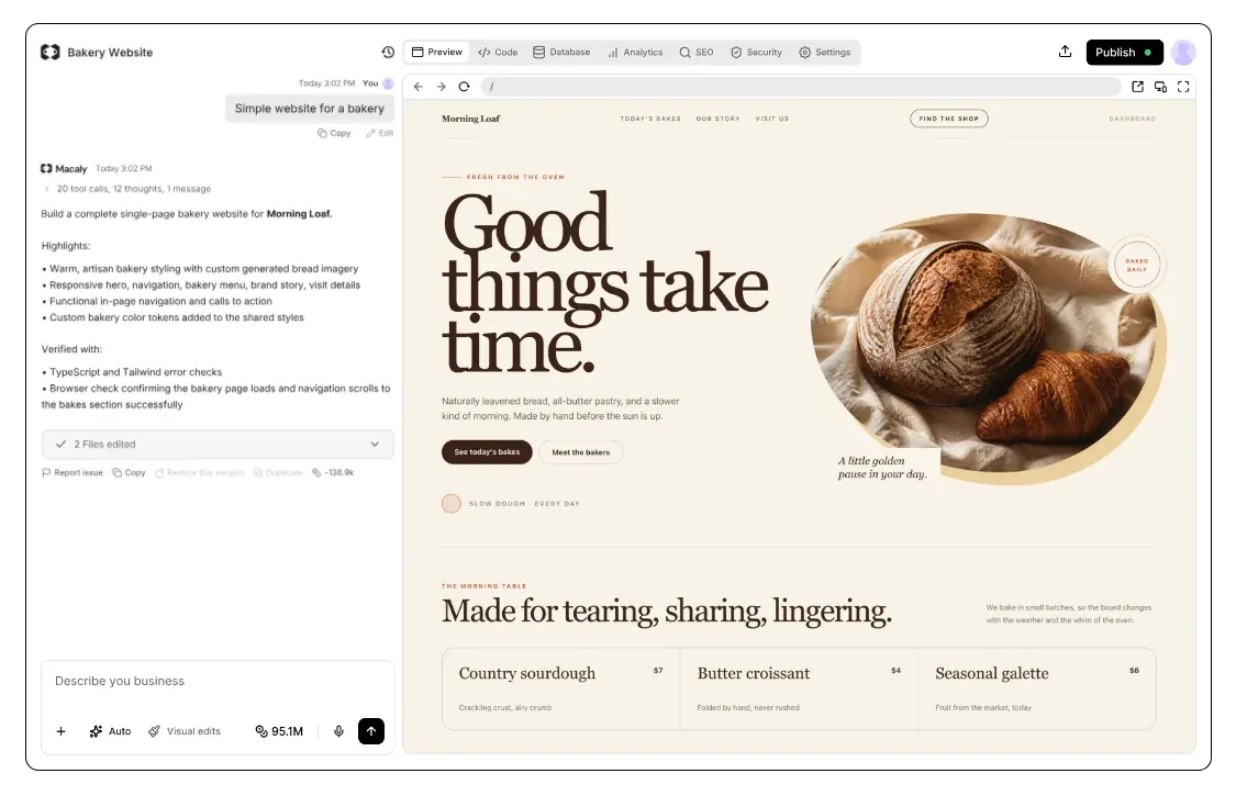 Macaly turning a typed prompt into a working site with its own database
