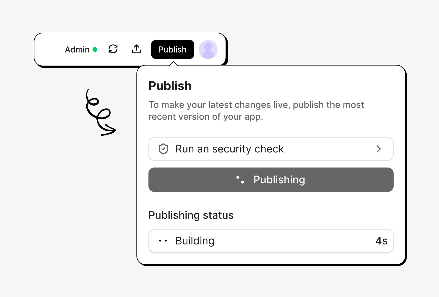 The publish panel building a new version, with the status ticking over in seconds