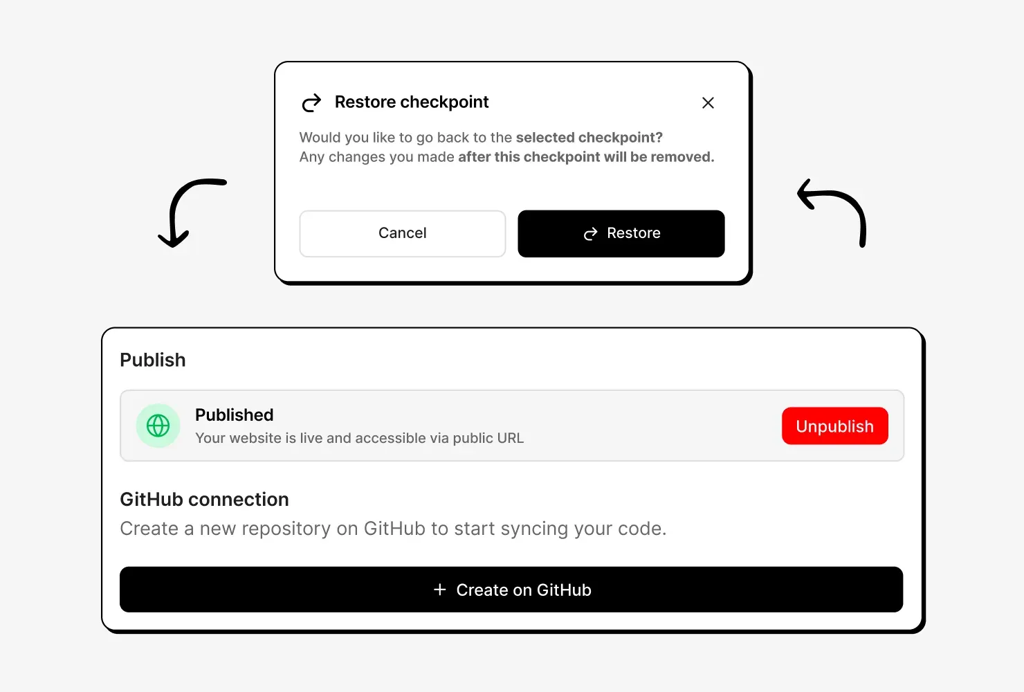 The restore-checkpoint dialog next to a published site with an Unpublish button