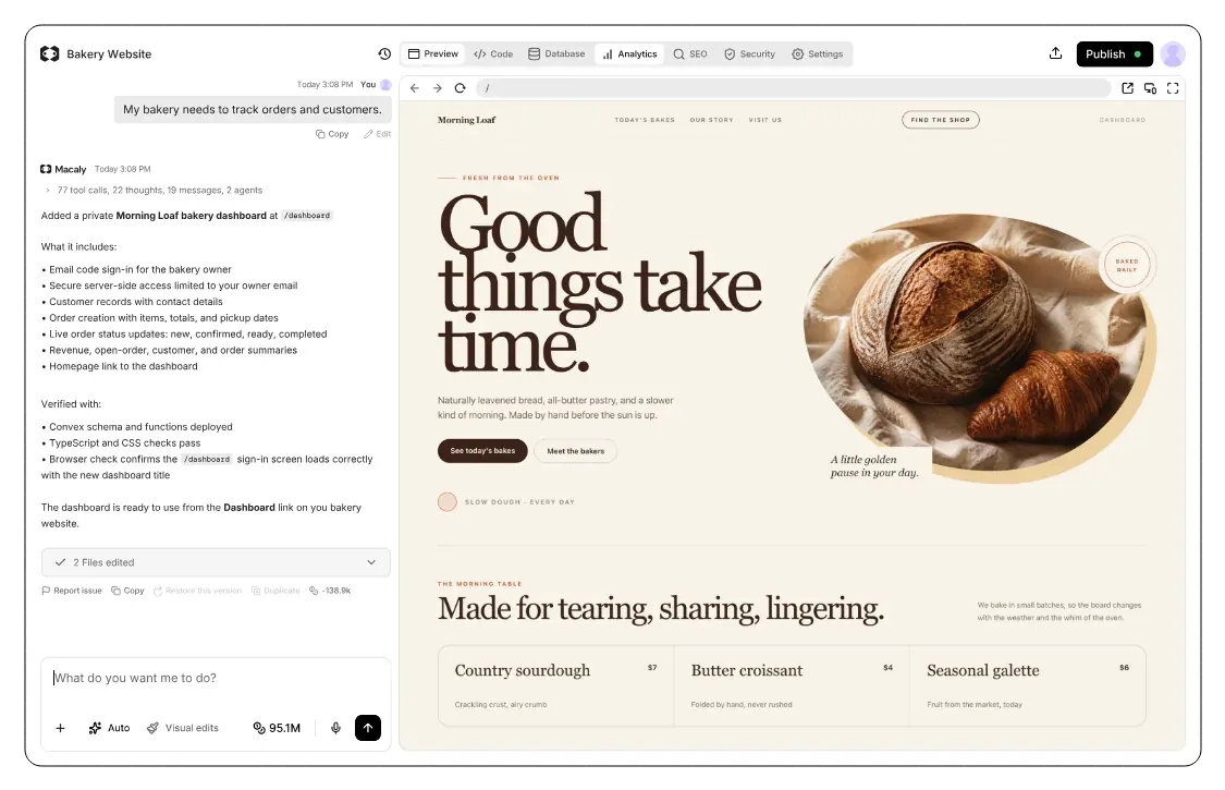 Macaly publishing a bakery site, then the browser confirming the live address is secure